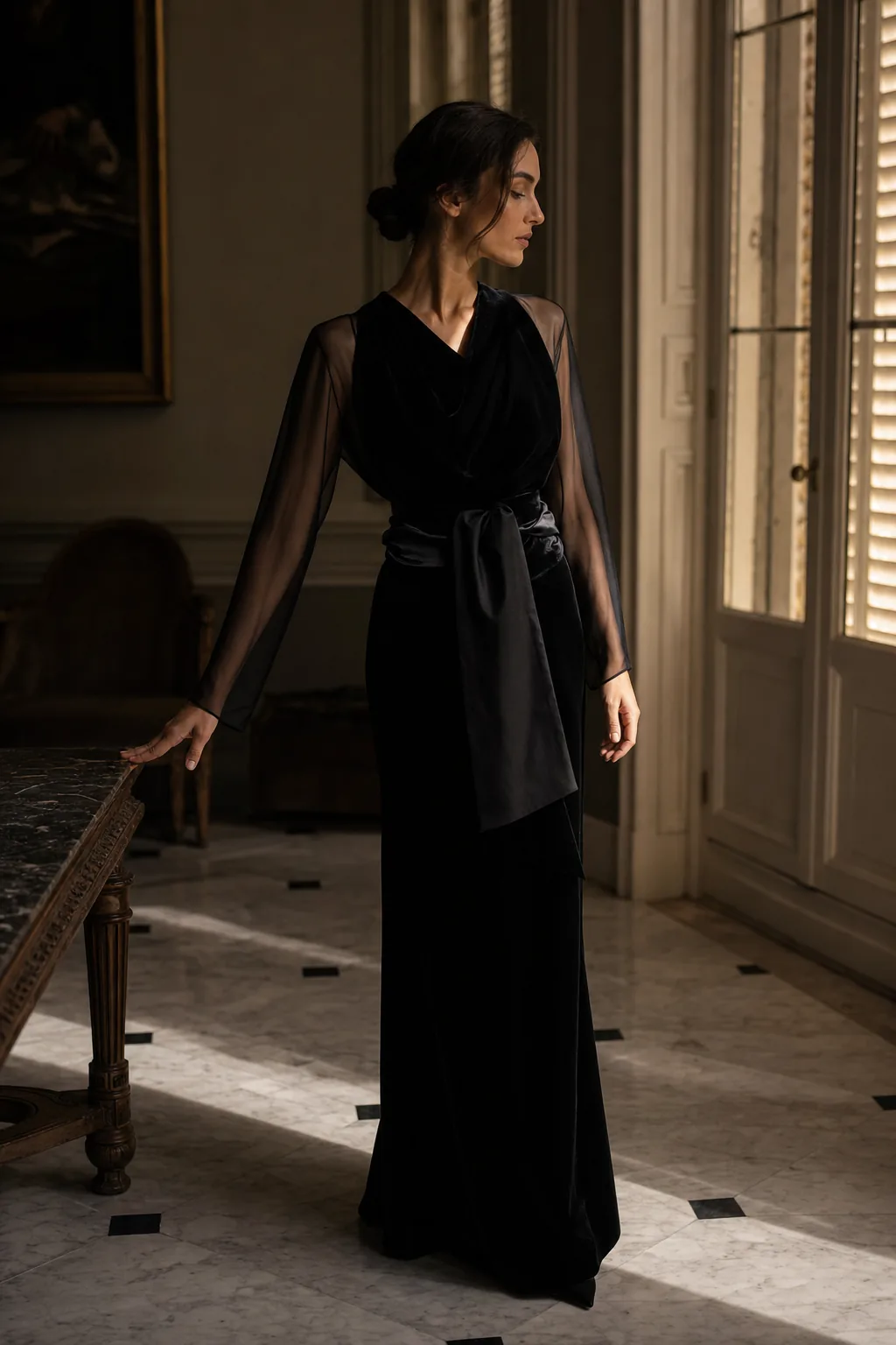 The Rose, Sheer Sleeve in Onyx, Silk Velvet