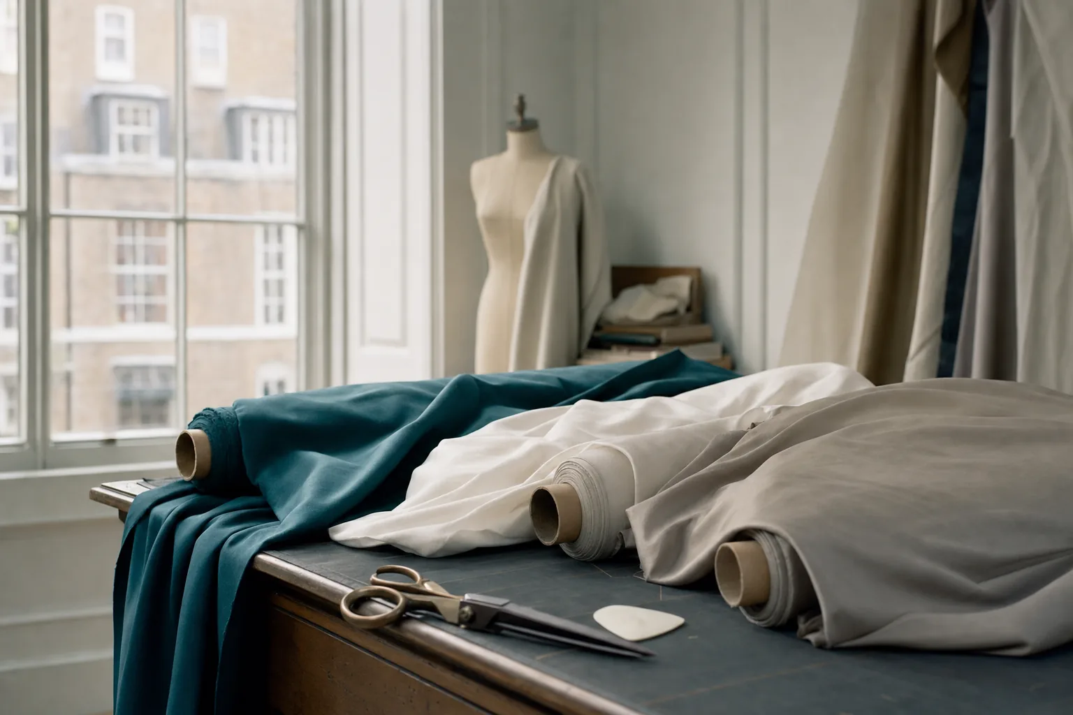 The London atelier: bolts of washed silk on the cutting table